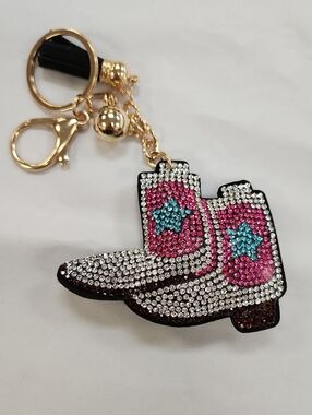Crystal Cowboy Boot Keychain - Gold Hardware, Pink & Blue Accent